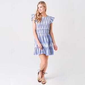 Saylor Zinnia Batik Print Indigo Blue White Dress Large Smocked Short Sleeve